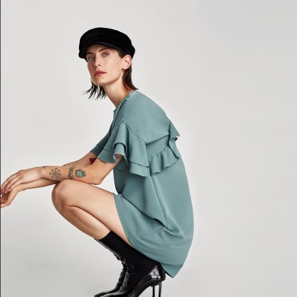 NWOT Zara Teal Crepe Frilled Sleeve Mini Dress - Picture 8 of 8